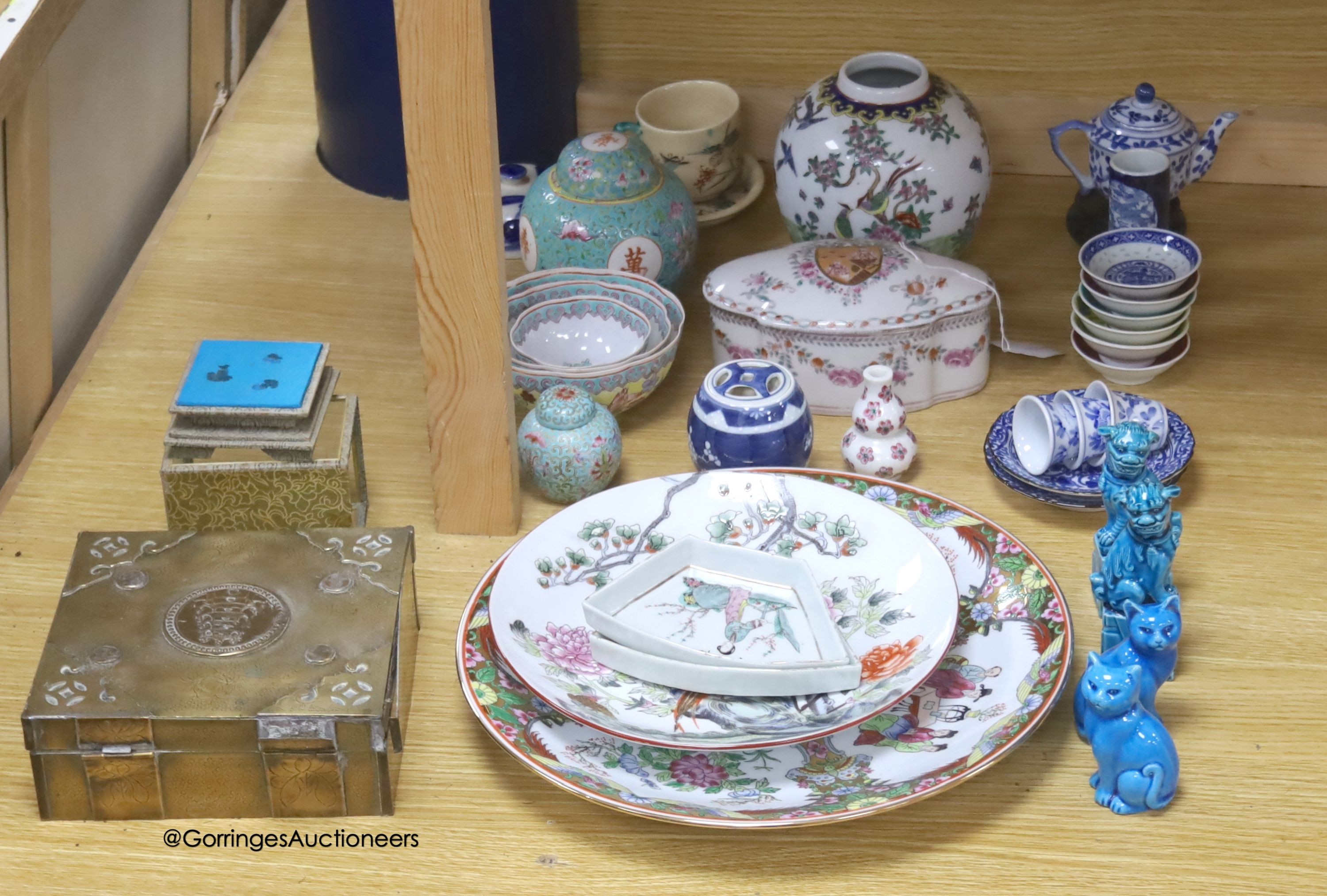 A group of Chinese porcelain figures, dishes, vases, etc. and a brass box